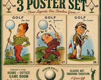 Golf Poster Set of 3 | Vintage Golf Wall Art | Golfer Gift Set | Golf Course Decor | Caddie Print | Golf Room Art | Retro Sports Posters