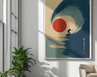 Pôster de Onda de Surfistas | Pôster enrolado, silhueta de onda japonesa, arte minimalista de surf