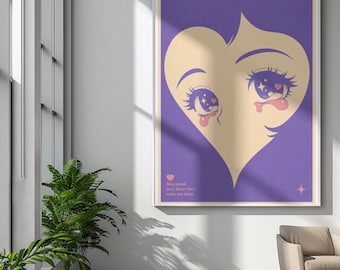 Lágrimas de Coração Partido em Anime | Pôster Enrolado, Estética Retrô Kawaii