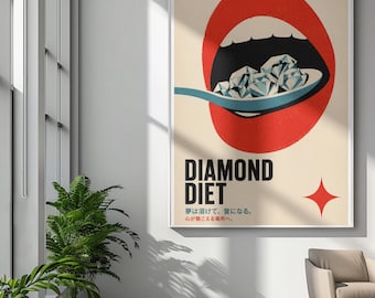 Pôster da Dieta dos Diamantes | Lábios retrô em estilo pop art abraçando diamantes, texto japonês vintage