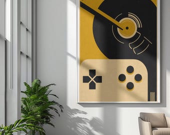 Pôster enrolado de toca-discos e controle de videogame retrô | Arte de parede para fãs de música e jogos