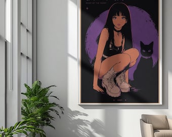 Pôster de anime com garota em clima noturno | Pôster enrolado, Gato Preto, Lua Roxa