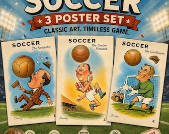 Conjunto de 3 pôsteres de futebol | Arte de parede vintage de futebol | Pôster de goleiro | Pôster de centroavante | Presente para fã de futebol | Arte retrô de futebol