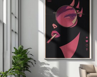Pôster retrô rosa noir de mulher, pôsteres enrolados | Arte de parede cyberpunk