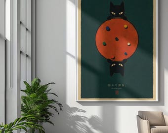 Pôster Gatos Pretos à Mesa | Pôster Enrolado, Ilustração Minimalista
