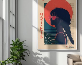 Pôster enrolado com a silhueta da garota do Summer Heat | Arte retrô japonesa vaporwave
