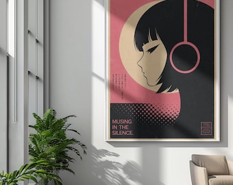 pôster de anime com garota e fones de ouvido "Refletindo no Silêncio"