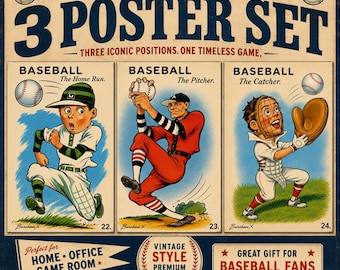 Conjunto de 3 pôsteres de beisebol | Arte de parede vintage de beisebol | Impressões de arremessador e receptor com home run | Presente para fã de beisebol | Decoração para quarto com tema esportivo