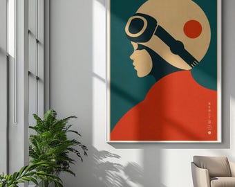 Pôster enrolado com o perfil de um capacete de piloto retrô | Arte minimalista de aviação