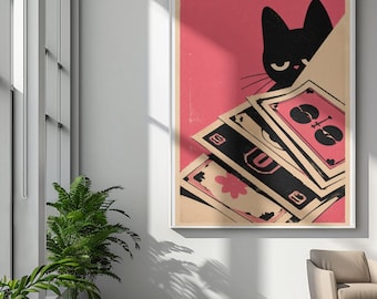 Gato preto espiando com dinheiro espalhado | Pôster enrolado