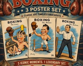 Conjunto de 3 pôsteres de boxe | Arte de parede vintage de boxe | Presente para boxeador | Decoração para academia de boxe | Pôster de árbitro | Impressões esportivas retrô