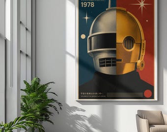 Pôster retrô com capacete de robô dividido | Pôster enrolado, Futurismo vintage 1978