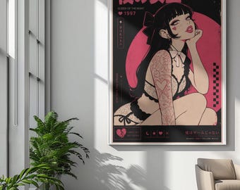 Pôster enrolado da Rainha da Noite | Ilustração pin-up de anime em rosa e preto