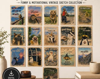 Conjunto de 16 pôsteres com frases engraçadas e motivacionais sobre animais - coleção de desenhos vintage