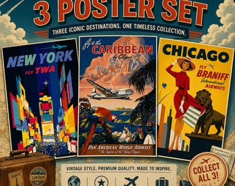 Conjunto de 3 pôsteres de viagem vintage | Arte de parede Nova York, Chicago e Caribe | Impressões de viagem retrô | Decoração de aviação de meados do século