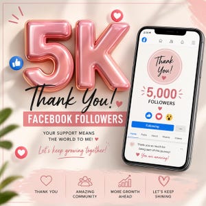 Puede incluir: Gráfico digital que celebra 5.000 seguidores de Facebook. La imagen presenta un gran "5K" rosa y las palabras "¡Gracias!" junto con un teléfono inteligente que muestra un mensaje de agradecimiento. El texto adicional incluye "Facebook Followers".