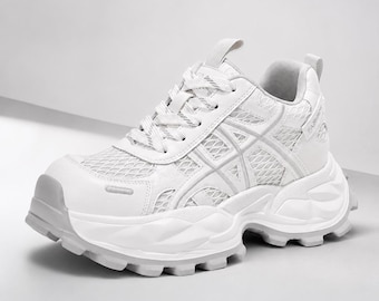 Platform Sneakers, Chunky Mesh Shoes | White Lace Up Walking Trainers for Women