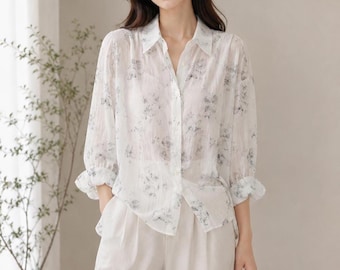 Sheer Floral Chiffon Blouse, White Button Up Summer Sun Shirt