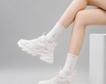 Women's Chunky Platform Sneakers, White Y2K Dad Shoes, Comfortable Walking Fashion