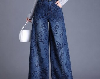 Pantalones vaqueros anchos con estampado floral para mujer, pantalones vaqueros holgados de talle alto, estilo boho Y2K streetwear.