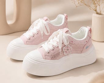 Chunky Platform Sneakers Women, Pastel Pink Flower Charm Shoes, Y2K Soft Girl Style