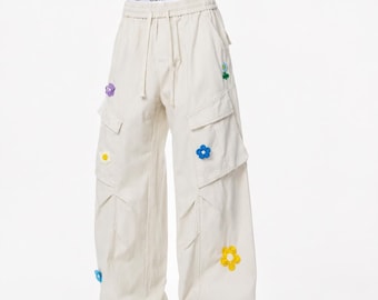 Spodnie cargo damskie typu baggy, szerokie nogawki z haftowanymi kwiatami, spodnie ze ściągaczem w stylu Y2K Streetwear