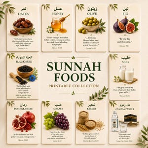 Peut inclure: Une affiche de collection imprimable Sunnah Foods présentant huit cartes rectangulaires avec illustrations et texte. Chaque carte affiche un aliment comme des dattes, du miel, des olives, des figues, des graines noires, du lait, de la grenade, du raisin, de l'orge et de l'eau de Zamzam.