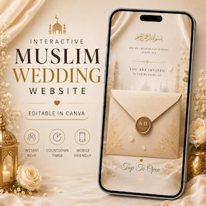 Op de afbeelding: Een smartphone toont een uitnodiging voor een islamitische bruiloft website. Het ontwerp heeft een beige envelop met een gouden zegel, bloemmotieven en de tekst "Tap To Open". De website biedt direct RSVP, een countdown timer en is mobielvriendelijk.