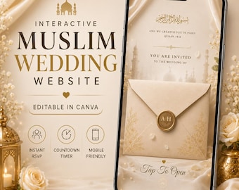 Interactive Muslim Nikkah Website Template, Editable Canva Invitation with RSVP, Luxury Islamic Digital Invite