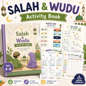 Op de afbeelding: Een Salah & Wudu-activiteitenboek voor kinderen van 4-8 jaar met illustraties van kinderen die bidden en de wassing verrichten. De set bevat printbare pagina's met gebedsoefeningen, stapsgewijze handleidingen en een wekelijkse gebedstracker.