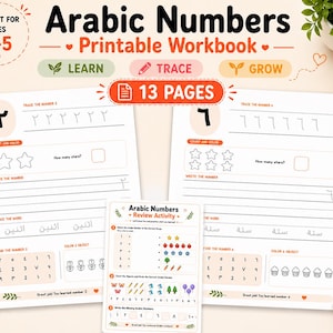Op de afbeelding: Printbaar werkboek voor kinderen van 3-5 jaar met Arabische cijfers. Het werkboek bevat pagina's om te leren, te traceren en te groeien. De pagina's bevatten het traceren van cijfers, tellen en kleuractiviteiten. Het werkboek heeft 13 pagina's.