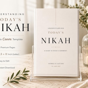 Peut inclure: Un livret blanc intitulé Understanding Today's Nikah, A Guide to Today's Ceremony, avec les noms Ahmed & Fatima et la date du 15 juin 2027. Le texte indique qu'il s'agit d'un modèle Canva modifiable de 21,59 x 27,94 cm avec 5 pages.