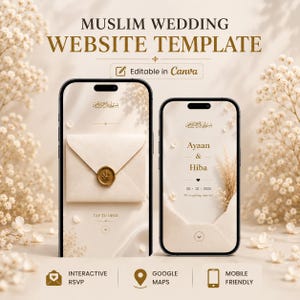 Vorlage für eine muslimische Hochzeitswebsite, bearbeitbare Canva-Nikkah-Einladung mit RSVP-Funktion und Google Maps