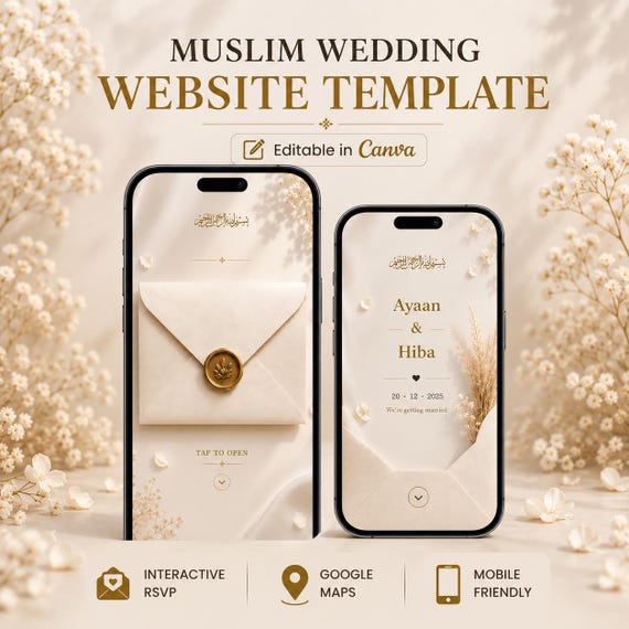 Muslim Wedding Website Template, Editable Canva Nikkah Invitation with RSVP & Google Maps
