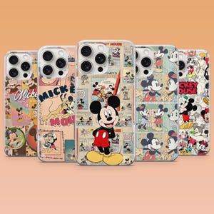 May include: A selection of phone cases displaying vintage Mickey Mouse comic strip artwork. The cases feature Mickey in various poses, with a colour scheme of red, black, yellow, and beige. The cases are arranged in a row, each with a unique design.