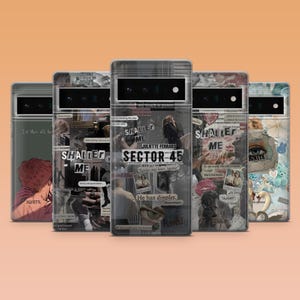 May include: A collection of five phone cases with unique designs. The cases feature a variety of collaged images, text, and graphics in shades of gray, black, and white. Some cases have the words "SHATTER ME" and "SECTOR 45".