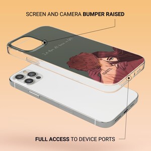 May include: Clear phone case with a design featuring a couple embracing, with the word "IGNITE" and the phrase "Let them all burn in hell". The case is over a white phone.