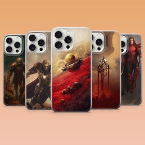 May include: Five phone cases with fantasy art designs. The cases feature images of futuristic landscapes, warriors, and spacecraft. The colour palette includes reds, oranges, and greens, creating a sci-fi theme.