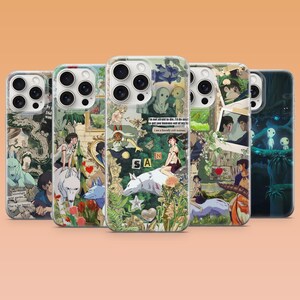 May include: Five clear phone cases featuring collage-style prints of anime characters, white wolves, forest spirits, and floral elements. The designs include text snippets, heart icons, and various scenes from a forest setting with green and earthy tones.