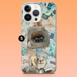 May include: A clear phone case with a collage design. The design includes a close-up of an eye with the word "IGNITE", flowers, swans, and a teddy bear. The case has a light blue and white color scheme.