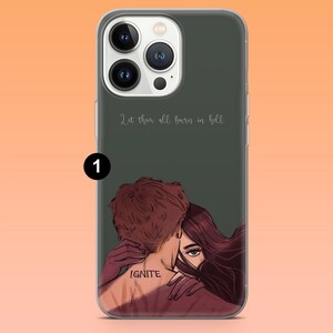 May include: A phone case with a dark green background featuring an illustration of two people embracing. The text "Let them all burn in hell" is at the top, and the word "IGNITE" is on the person's back.
