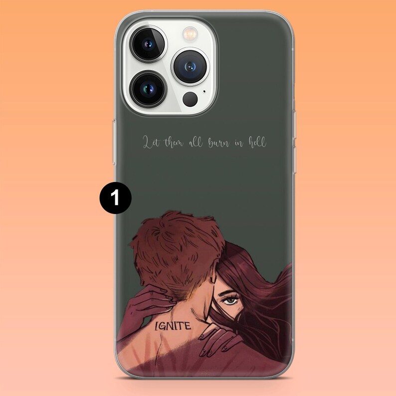 May include: A phone case with a dark green background featuring an illustration of two people embracing. The text "Let them all burn in hell" is at the top, and the word "IGNITE" is on the person's back.