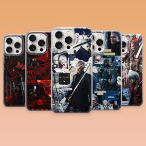 Könnte beinhalten: Fünf Smartphone-Hüllen mit Grafiken der Charaktere aus Devil May Cry. Die Designs zeigen rot-schwarze Collagen, Charakterporträts, Schwerter und Textüberlagerungen wie Bury The Light, Devil May Cry und Vergil auf verschiedenen Hintergründen.