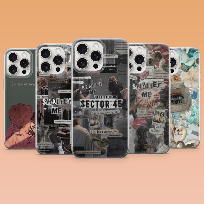 May include: A collection of phone cases with various designs. The cases feature a range of graphics, including collages with text, illustrations, and quotes. The color palette is primarily grayscale with pops of color. The text includes "SHATTER ME", "IGNITE", and "SECTOR 45".