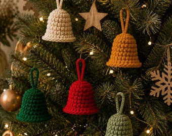 かぎ針編みのベルのクリスマスオーナメントパターン 簡単なかぎ針編みのクリスマスツリーの装飾 ホリデーオーナメント PDF 初心者向け DIY ギフトアイデア かぎ針編みのベルの装飾