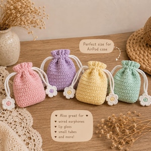 Mini Floral Drawstring Bag Crochet Pattern PDF AirPods Pouch Crochet Tutorial Flower Coin Purse Pattern Beginner Crochet Gift Bag Digital image 3
