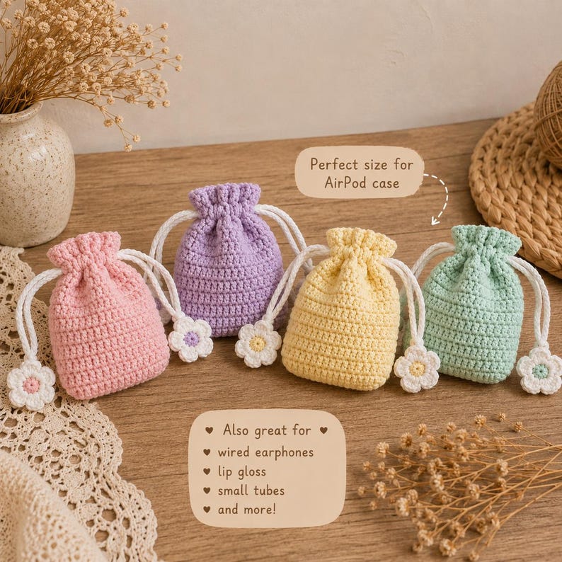 Mini Floral Drawstring Bag Crochet Pattern PDF AirPods Pouch Crochet Tutorial Flower Coin Purse Pattern Beginner Crochet Gift Bag Digital image 3