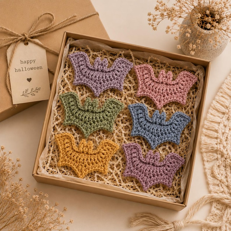 May include: A set of six crocheted bat ornaments in purple, pink, olive green, blue, mustard yellow, and lavender, arranged inside a square cardboard gift box with a tag that reads happy halloween and a small heart icon, resting on a light surface.
