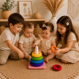 May include: A crochet stacking ring toy featuring a square pink base and a central white cone. The set includes four rings in yellow, green, blue, and purple, with an additional red ring placed separately on the textured circular rug.
