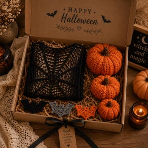 Halloween-virkmönsterpaket PDF Pumpa Amigurumi Fladdermusapplikation Spindelnätsdesign Topp Mesh Tröja Enkel DIY Höst DIY Virkmönsterset